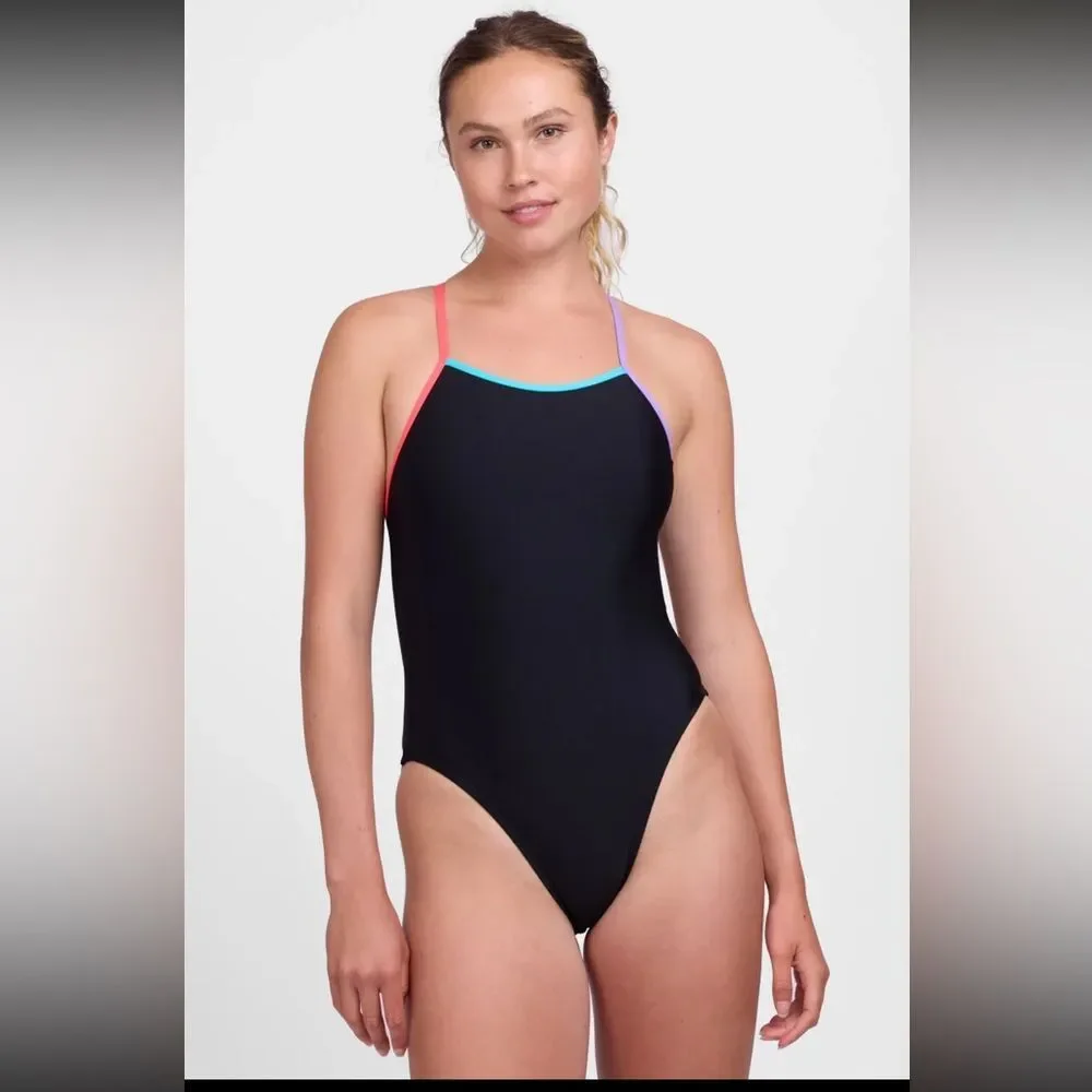 NWT New JOLYN Gavin Tie Back Swimsuit Black Contrast Rainbow Trim Pink Purple 26 - Picture 2 of 6